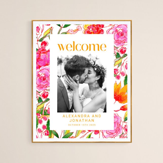 Colourful Pink Orange Floral Wedding Welcome Photo Poster (Creator Uploaded)