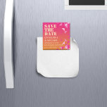 Colourful Pink & Orange Geometric Save The Date Magnet<br><div class="desc">This bold and bright colourful wedding theme is a perfect choice for couples who want to celebrate their special day with a vibrant and joyful ambiance and express their personalities and add a unique touch to the event. The use of bold and bright colours such as fuchsia pink and burnt...</div>