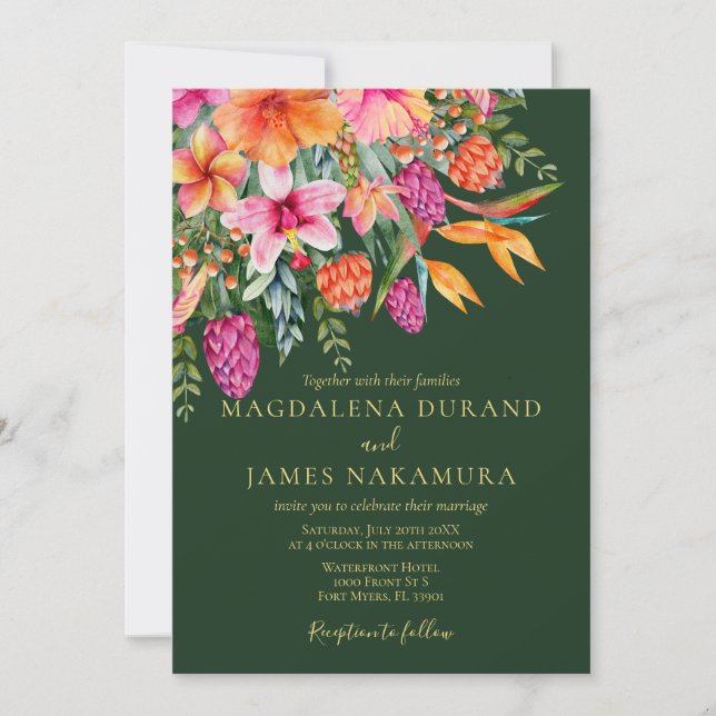 Colourful Pink Orange Green Tropical Floral Weddin Invitation (Front)
