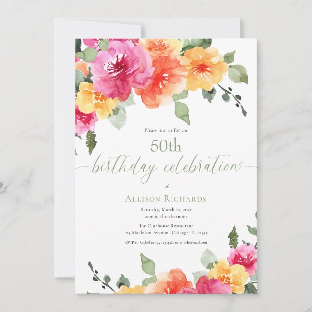 Colourful pink orange peonies 50th birthday party invitation (Front)