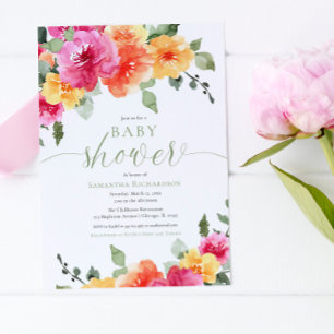 Colourful pink orange peonies girl baby shower inv invitation
