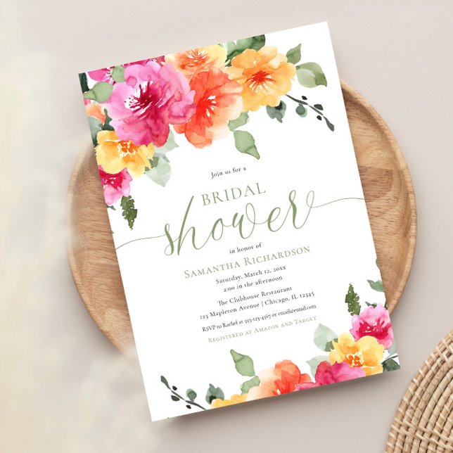 Colourful pink orange peonies spring bridal shower invitation (Creator Uploaded)