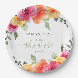 Colourful pink orange peonies spring bridal shower paper plate