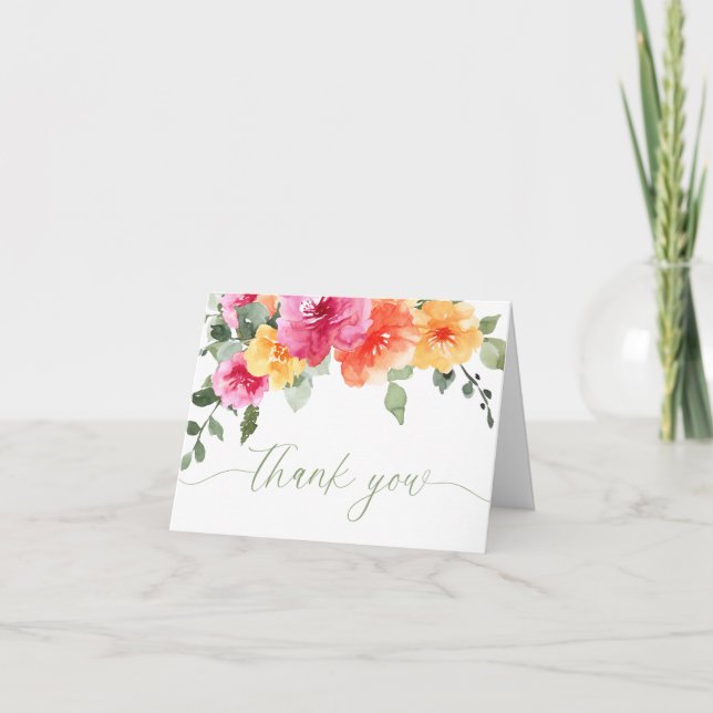 Colourful pink orange peonies spring summer floral thank you card (Front)