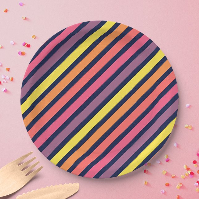Colourful Pink Orange Purple Yellow Stripes Patter Paper Plate (Creator Uploaded)