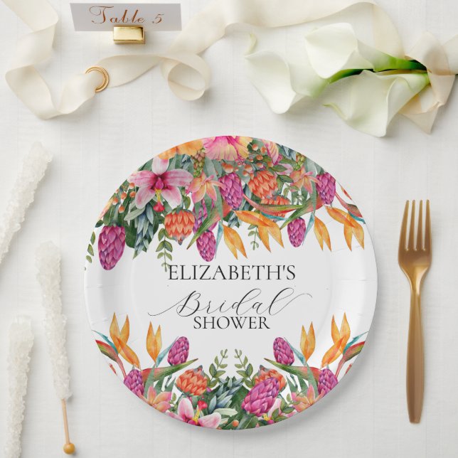 Colourful Pink Orange Tropical Floral Bridal Showe Paper Plate (Wedding)