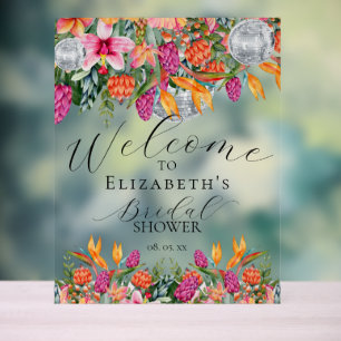 Colourful Pink Orange Tropical Floral Disco Welcom Acrylic Sign
