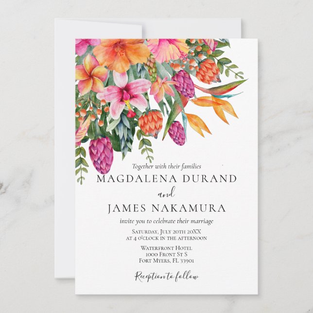 Colourful Pink Orange Tropical Floral Photo Weddin Invitation (Front)