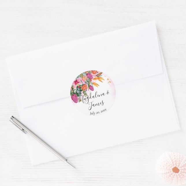 Colourful Pink Orange Tropical Flowers Wedding Classic Round Sticker (Envelope)