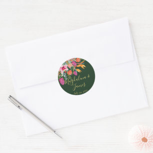 Colourful Pink Orange Tropical Flowers Wedding Classic Round Sticker