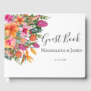 Colourful Pink Orange Tropical Flowers Wedding Guest Book