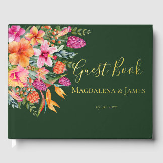 Colourful Pink Orange Tropical Flowers Wedding Guest Book