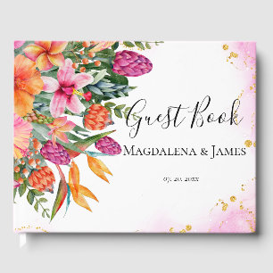 Colourful Pink Orange Tropical Flowers Wedding Guest Book