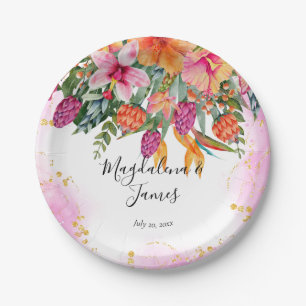 Colourful Pink Orange Tropical Flowers Wedding Paper Plate