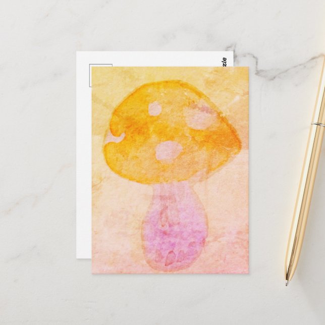 Colourful Pink Orange Watercolor Mushroom Postcard (Front/Back In Situ)