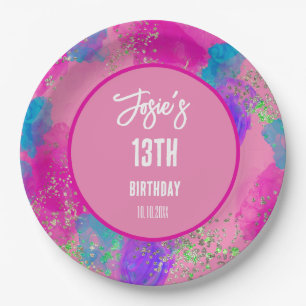 Colourful Pink Paint Splash Birthday Paper Plate