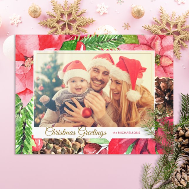Colourful Pink Poinsettias and Pine Photo Holiday Postcard (Creator Uploaded)