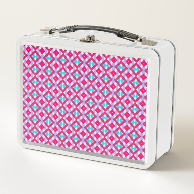 Colourful pink, purple and blue metal lunch box (Front)