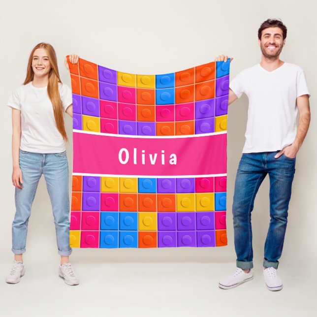 Colourful Pink Purple Building Blocks Custom Fleece Blanket (In Situ)