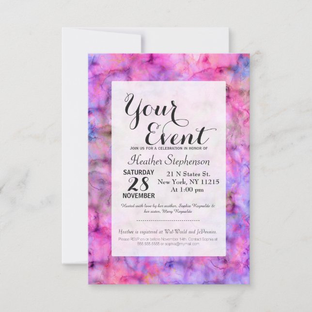 Colourful Pink Purple Mixed Watercolor Pattern Invitation (Front)