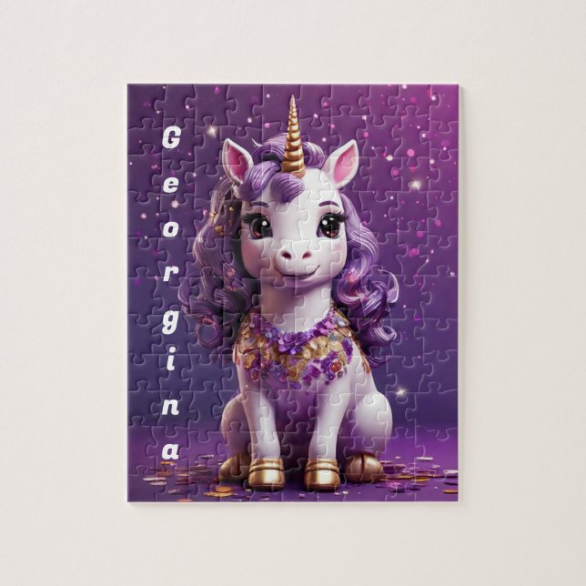 Colourful pink purple unicorn personalised jigsaw puzzle (Vertical)