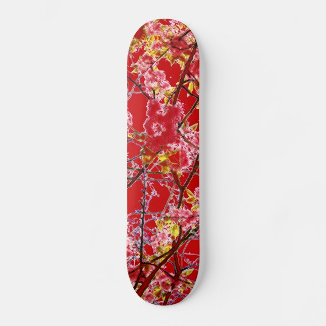 Colourful pink red abstract floral design skateboard (Front)