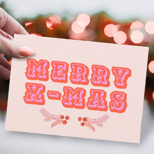 Colourful Pink + Red Merry X-Mas Flat Holiday Card