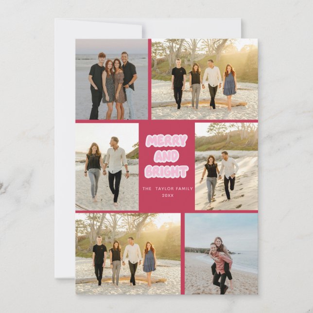 Colourful Pink Red Plaid Merry and Bright Christma Holiday Card (Front)