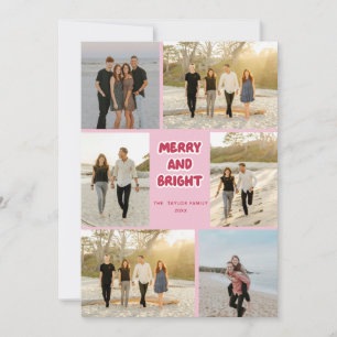 Colourful Pink Red Plaid Merry and Bright Christma Holiday Card