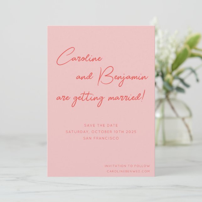 Colourful Pink Red Script Handwriting Wedding  Save The Date (Standing Front)
