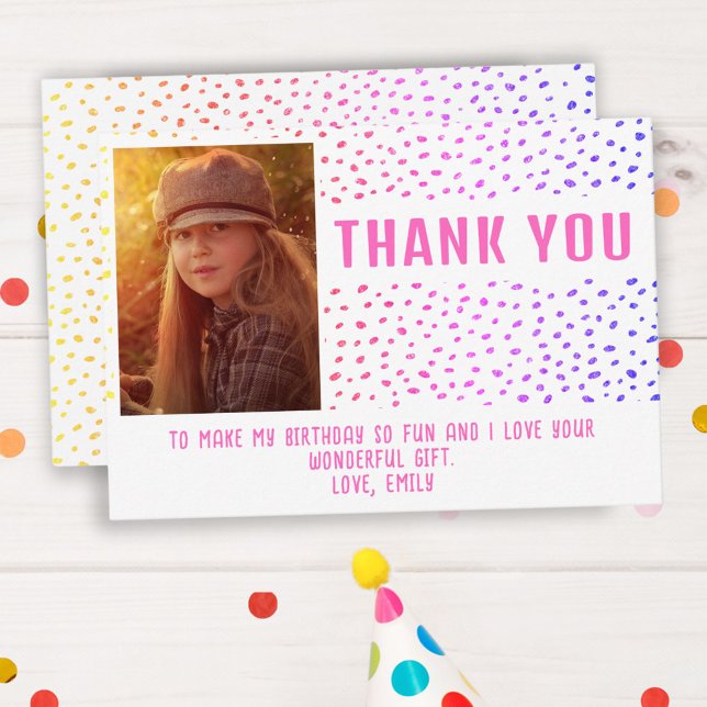 Colourful Pink Spots Birthday Kids Girl Photo Thank You Card (Creator Uploaded)
