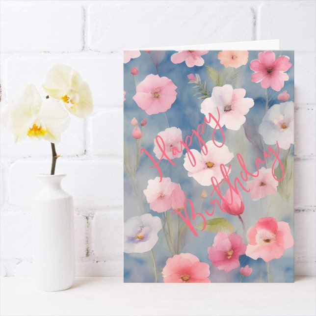 Colourful Pink Spring Flowers on Shades of Blue Card (Creator Uploaded)