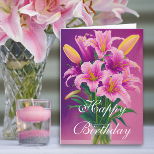 Colourful Pink Spring Tiger Lilies in Vase Birthda Card