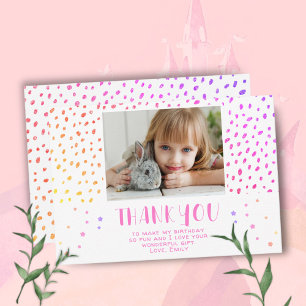 Colourful Pink Stars Birthday Kids Girl Photo Thank You Card