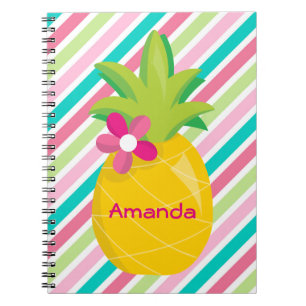 Colourful Pink Stripes Yellow Pineapple Notebook