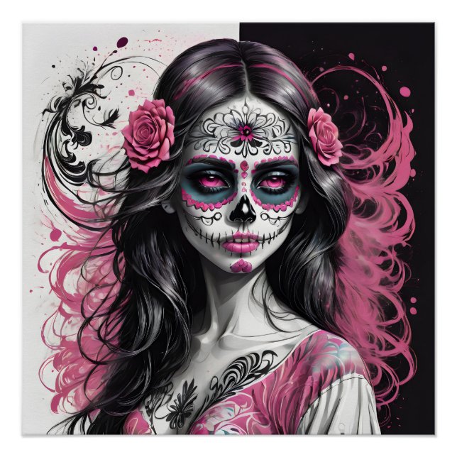 Colourful Pink Sugar Skull no p6 Glossy Poster (Front)