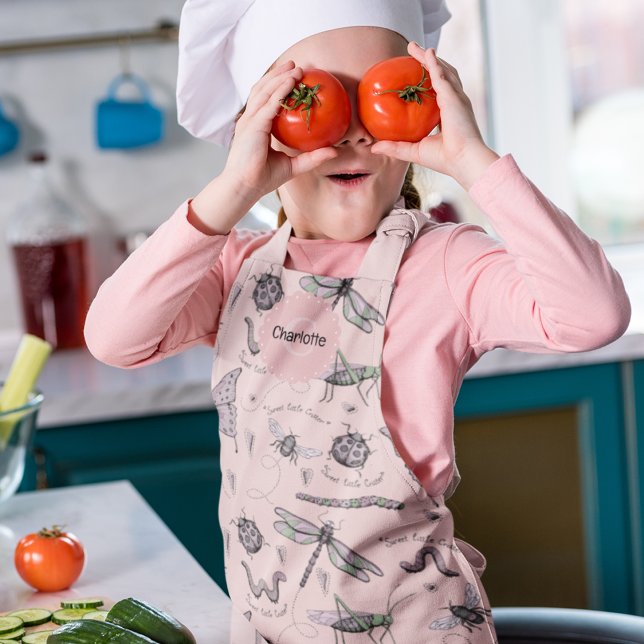 Colourful Pink Sweet Little Critter Kids Baking Apron (Adorable Pink & Sage Insect drawings on a blush pink background. "Sweet Little Critter" words)