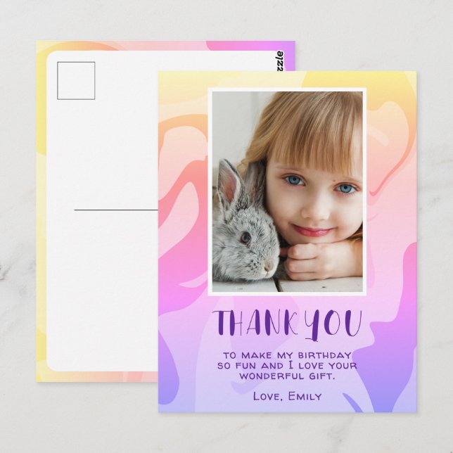 Colourful Pink Swirl Girl Photo Birthday Thank you Postcard (Front/Back)