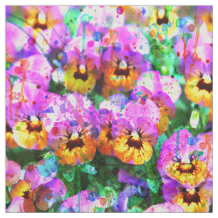 Colourful pink teal  watercolor splatters pansy fabric