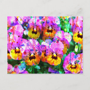 Colourful pink teal watercolor splatters pansy postcard