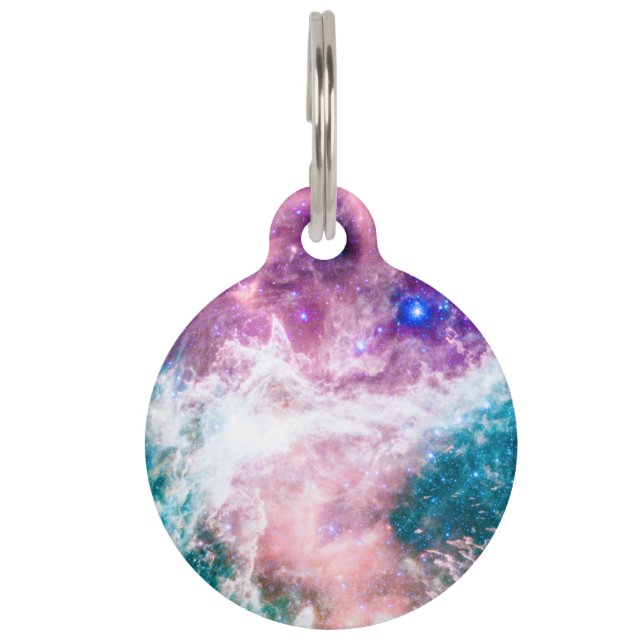 Colourful pink turquoise galaxy modern nebula pet tag (Front)