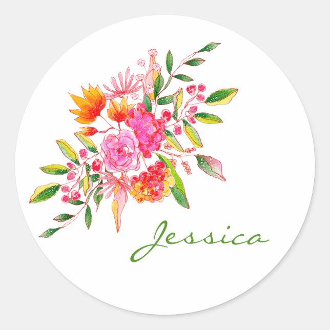 Colourful Pink Watercolor Floral Art Personalised  Classic Round Sticker (Front)