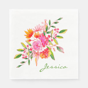Colourful Pink Watercolor Floral Art Personalised  Napkin