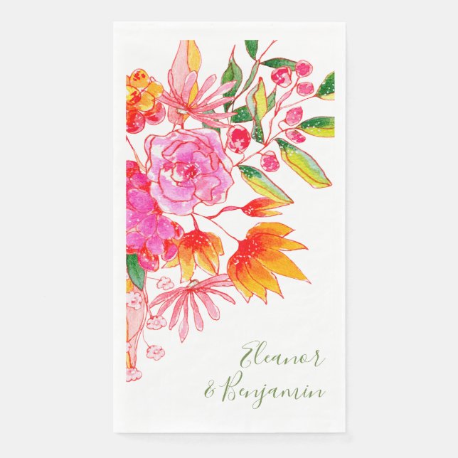 Colourful Pink Watercolor Floral Custom Wedding Napkin (Front)