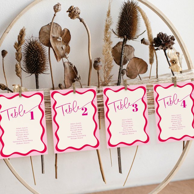 Colourful Pink Wavy Border Seating Name Table Card (Hot pink wavy border table numbers with names as seating chart cards)