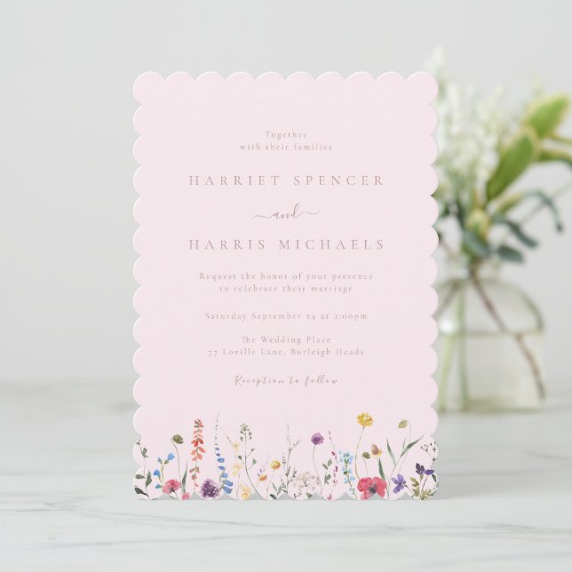 Colourful Pink Wildflowers Pretty Wedding Invitation (Standing Front)