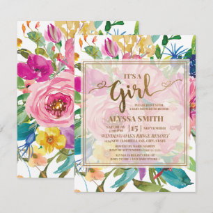 Colourful Pink Yellow Floral Script Baby Shower Invitation