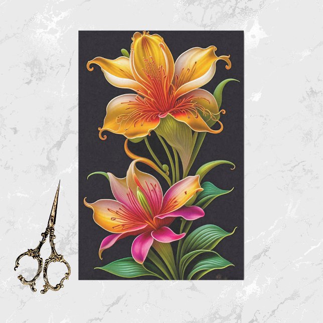Colourful Pink Yellow Lily Botanical Illustration Tissue Paper (Creator Uploaded)