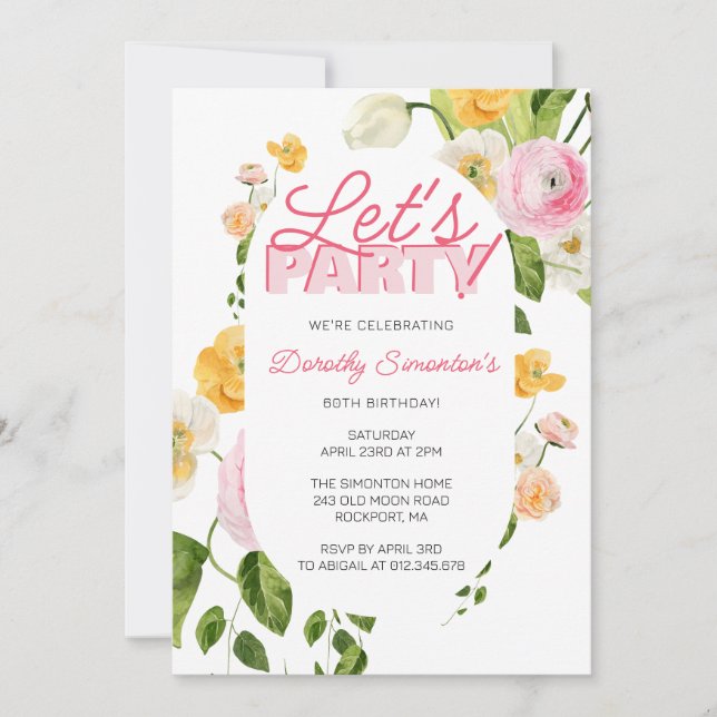 Colourful Pink Yellow Spring Flowers 60th Birthday Invitation (Front)