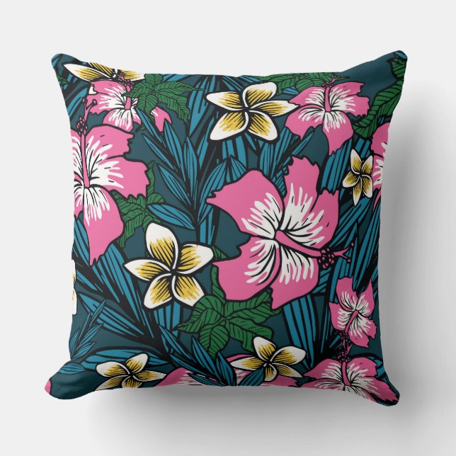 Colourful Pink Yellow Teal Polynesian Floral Pillo Cushion (Front)